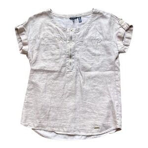 Ellen Tracy Linen Blend Short Sleeve Zip Front Shirt Top Women Small Beige